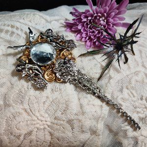 6" Victorian Vintage Cherub Rhinestone Brooch